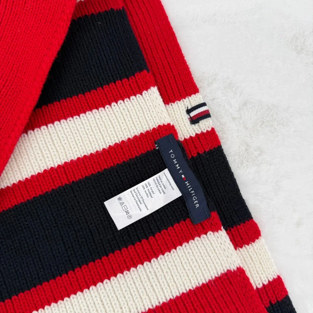 Tommy‎ Hilfiger Scarf Unisex OS Red Striped Ribbed Knit Winter Accessory